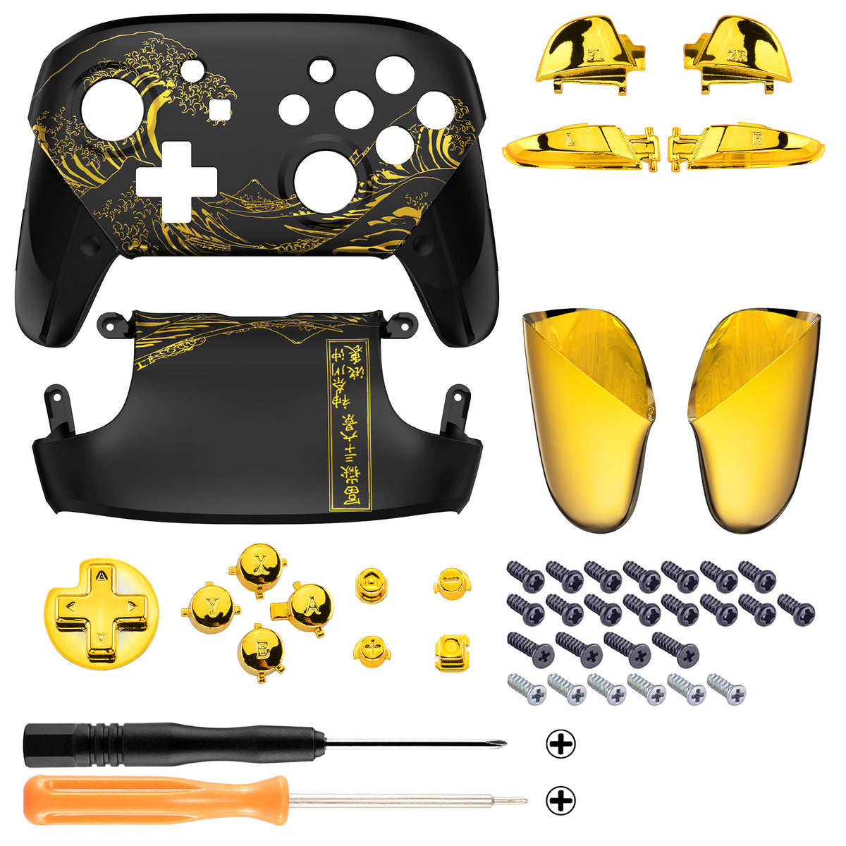 eXtremeRate Replacement Full Set Shell Faceplate Backplate Handles with Button Kit for Nintendo Switch Pro - The Great GOLDEN Wave Off Kanagawa - Black