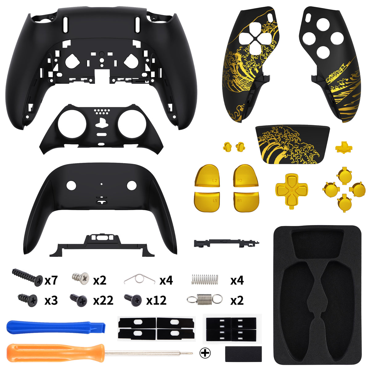 eXtremeRate Replacement Full Set Shells with Buttons Compatible with PS5 Edge Controller - The Great GOLDEN Wave Off Kanagawa - Black