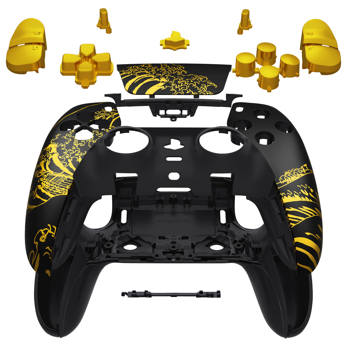 eXtremeRate Replacement Full Set Shells with Buttons Compatible with PS5 Edge Controller - The Great GOLDEN Wave Off Kanagawa - Black