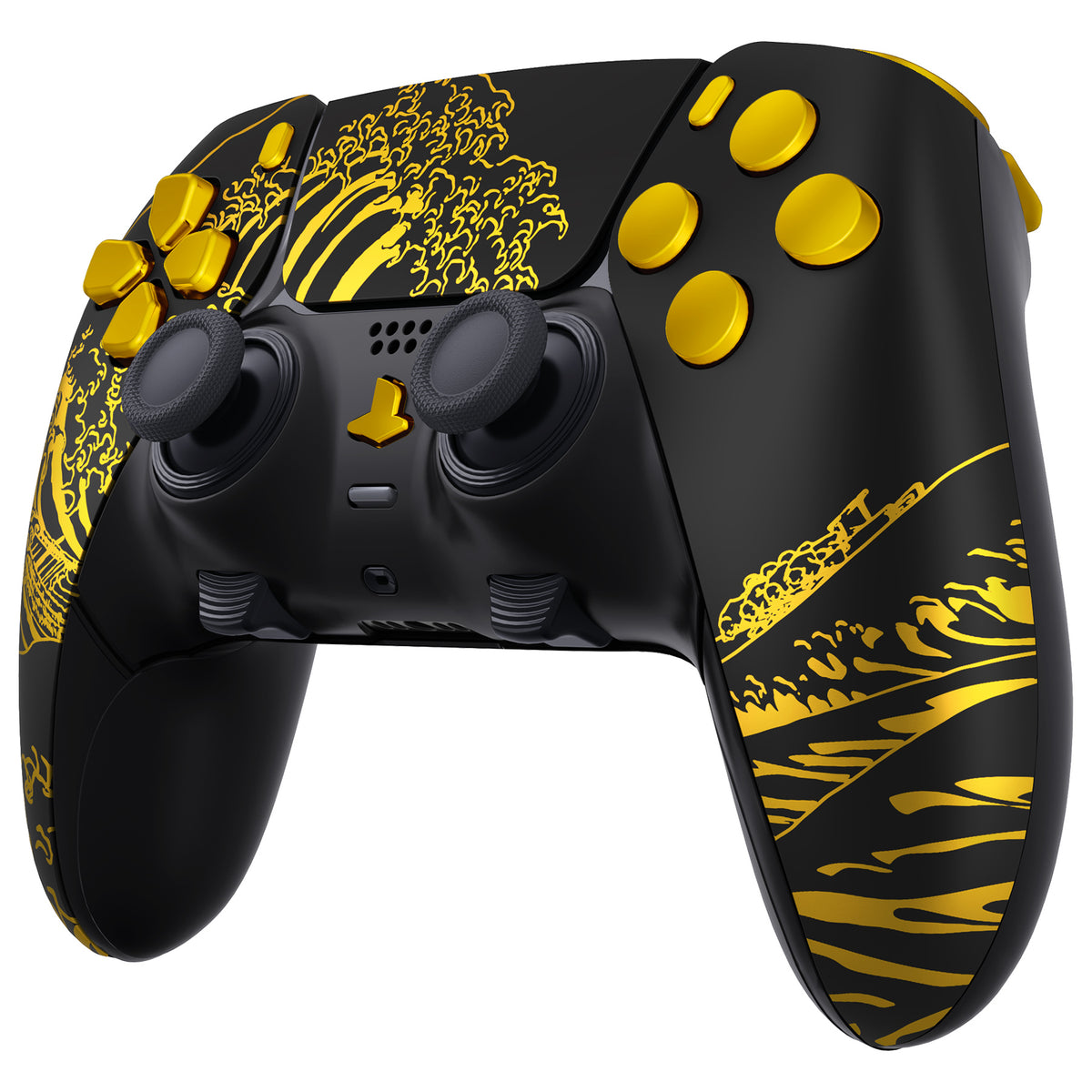 eXtremeRate Replacement Full Set Shells with Buttons Compatible with PS5 Edge Controller - The Great GOLDEN Wave Off Kanagawa - Black