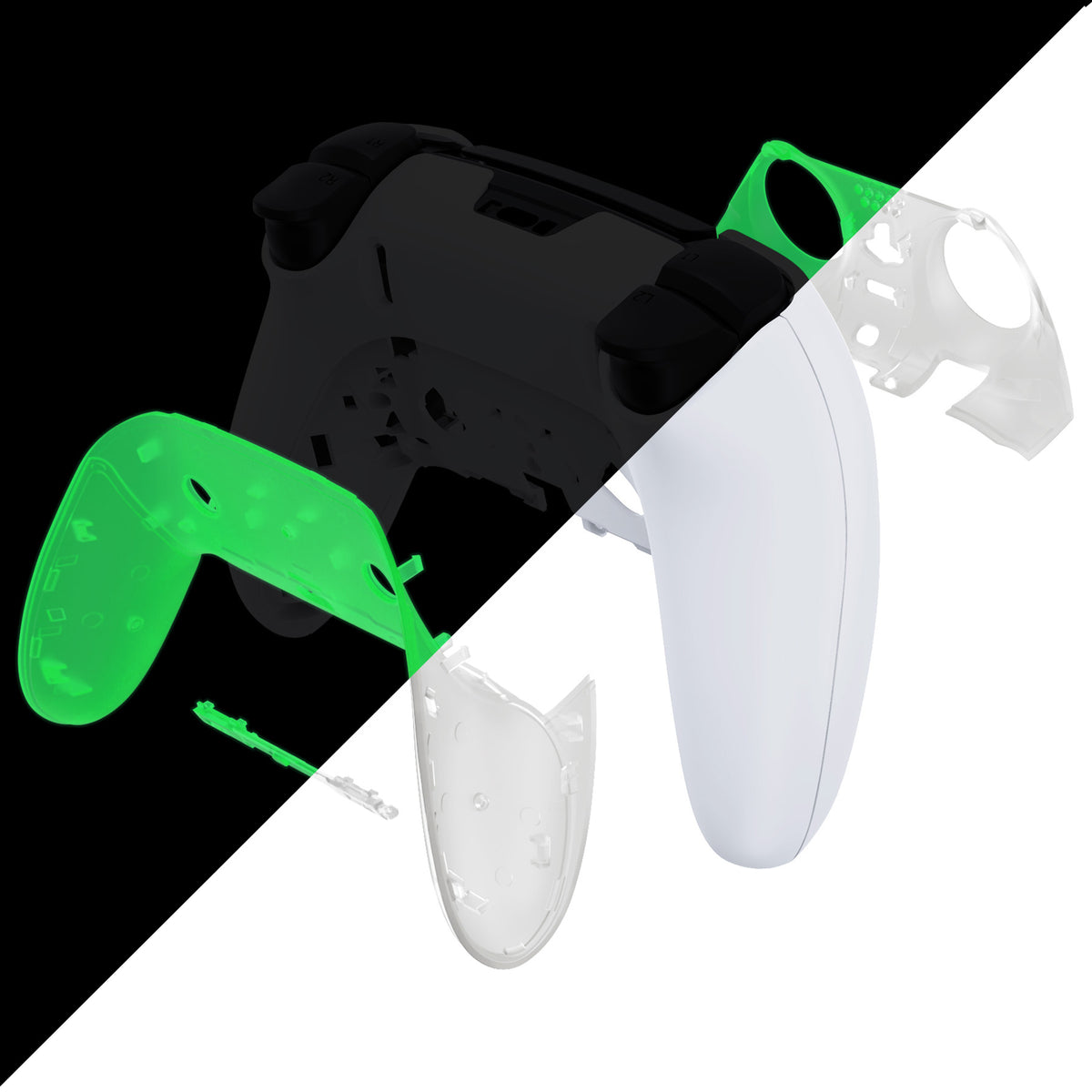 eXtremeRate Replacement Top Bottom Decorative Trim Shell Compatible with PS5 Edge Controller - Glow in Dark - Green