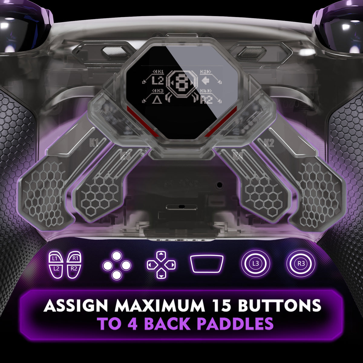 eXtremeRate SPARK Back Paddles Kit with OLED Display & Clicky Trigger Stops & Ergonomic Grips for PS5 Controller BDM-030/040/050/060 - Rubberized Clear Black