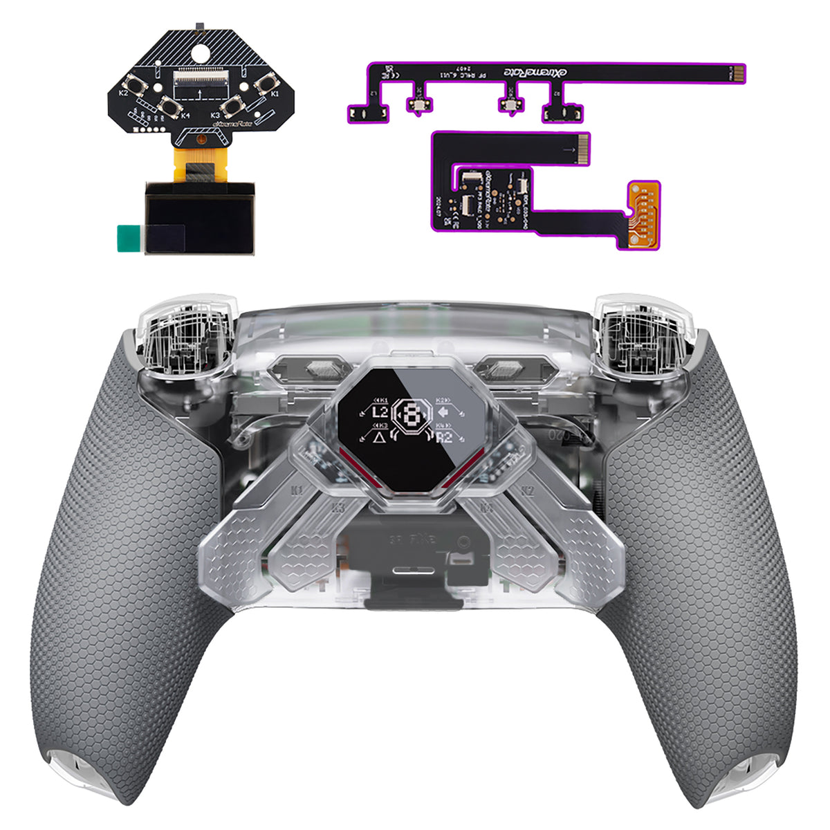 eXtremeRate SPARK Back Paddles Kit with OLED Display & Clicky Trigger Stops & Ergonomic Grips for PS5 Controller BDM-030/040/050/060 - Rubberized Clear & Gray