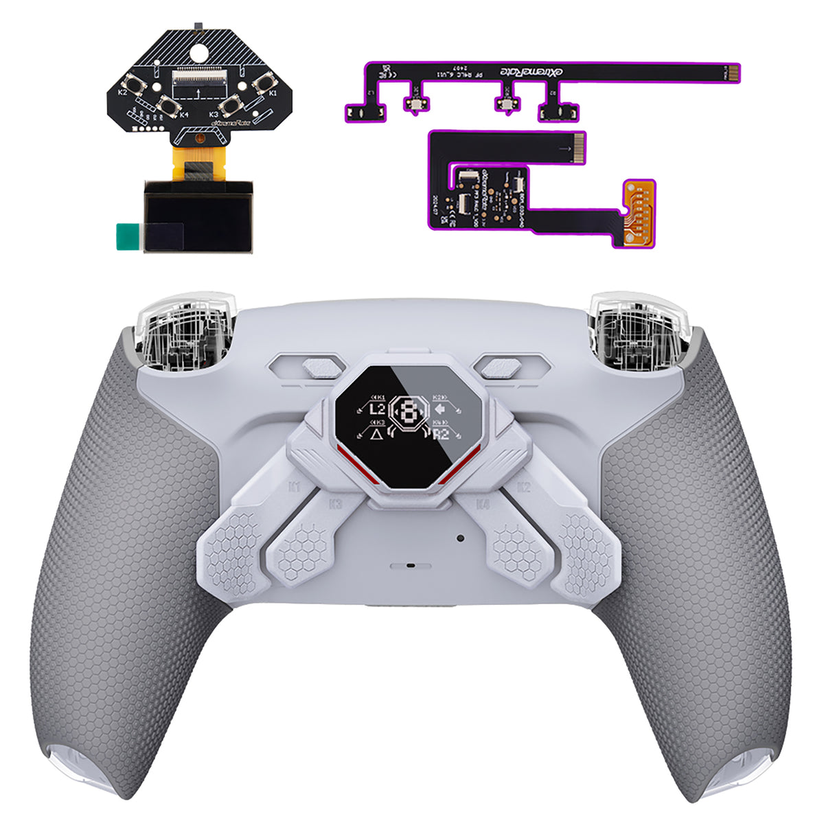 eXtremeRate SPARK Back Paddles Kit with OLED Display & Clicky Trigger Stops & Ergonomic Grips for PS5 Controller BDM-030/040/050/060 - Rubberized Solid White & Gray