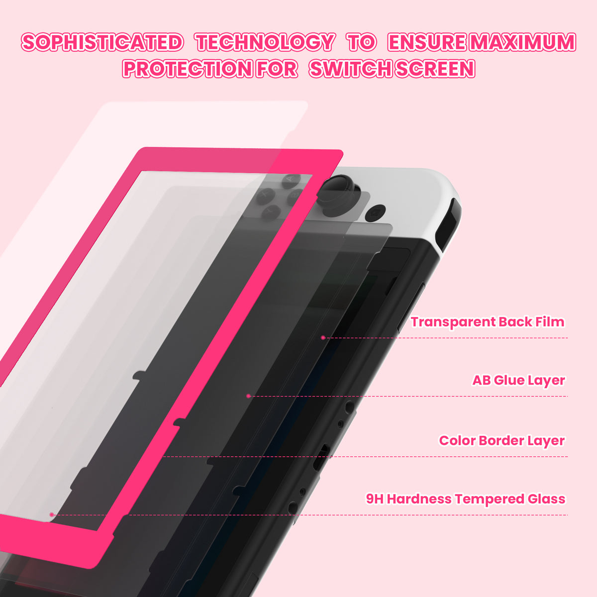 eXtremeRate 2 Pack Transparent HD Clear Tempered Glass Screen Protector for Nintendo Switch - Bright Pink