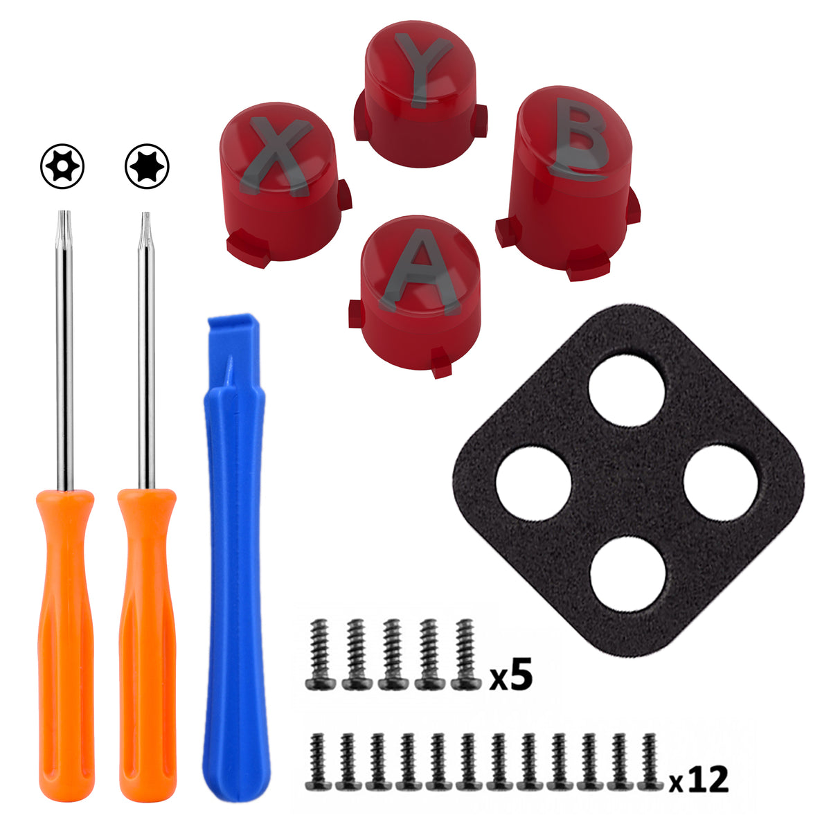 eXtremeRate Three-Tone ABXY Action Buttons with Classic Symbols for Xbox Series X/S Controller & Xbox One X/S & Xbox One Elite V1/V2 Controller - Carmine Red & Clear & Classic Gray