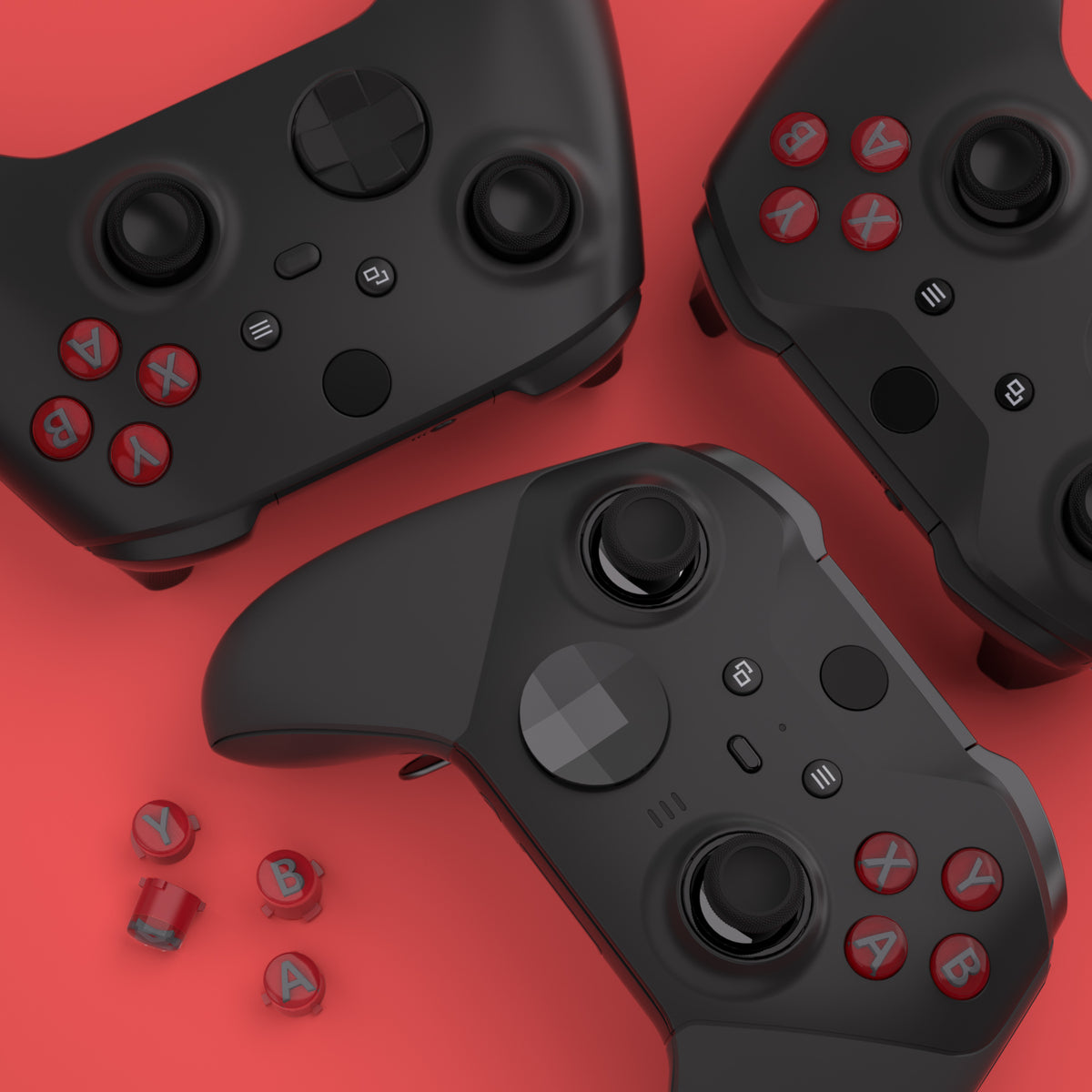 eXtremeRate Three-Tone ABXY Action Buttons with Classic Symbols for Xbox Series X/S Controller & Xbox One X/S & Xbox One Elite V1/V2 Controller - Carmine Red & Clear & Classic Gray