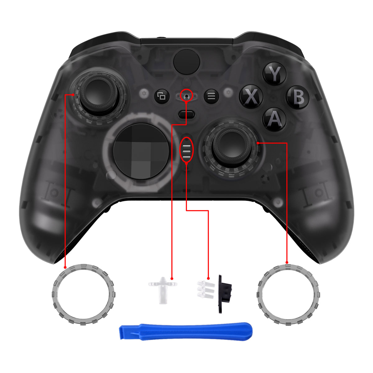eXtremeRate Replacement Front Housing Shell Case with Accent Rings for Xbox One Elite Series 2 & Elite 2 Core Controller (Model 1797) - Clear Black