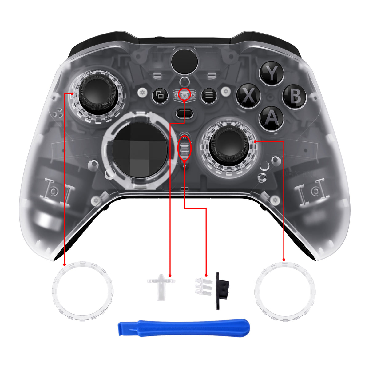 eXtremeRate Replacement Front Housing Shell Case with Accent Rings for Xbox One Elite Series 2 & Elite 2 Core Controller (Model 1797) - Transparent Clear