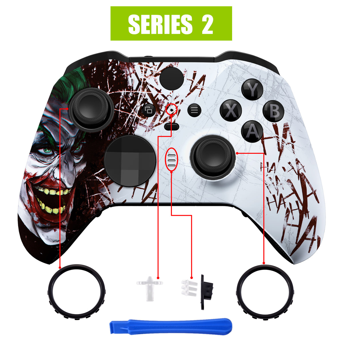 eXtremeRate Retail Clown HAHAHA Style Faceplate Cover, Soft Touch Front Housing Shell Case Replacement Kit for Xbox One Elite Series 2 Controller Model 1797 - Thumbstick Accent Rings Included - ELT140