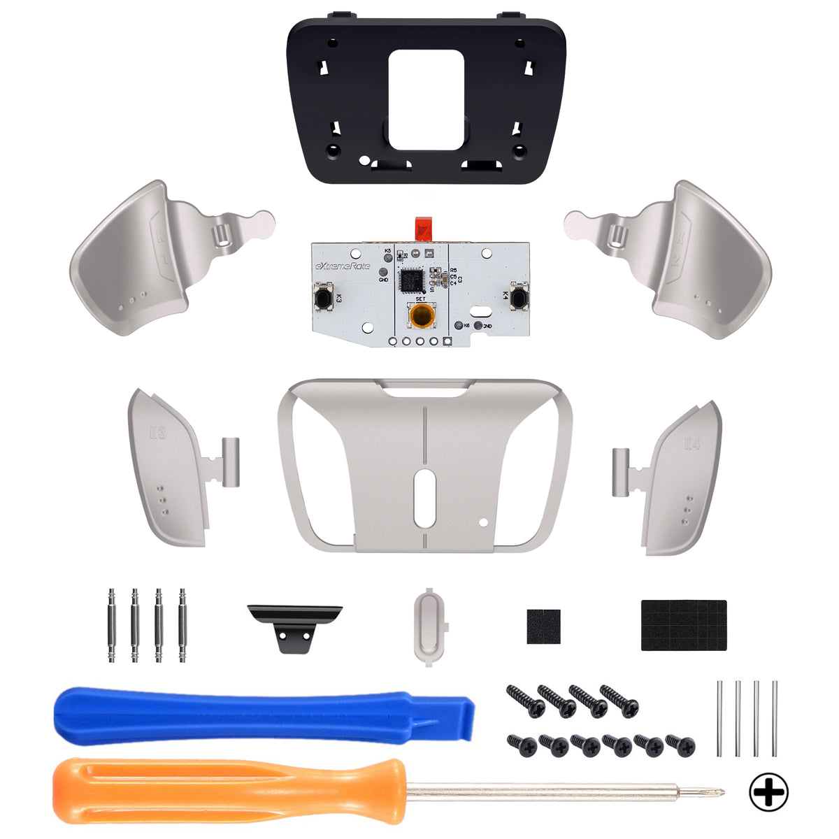 eXtremeRate Retail Turn RISE & RISE4 to RISE4 RMB Kit – Silver Real Metal Buttons (RMB) Version K1 K2 K3 K4 Back Buttons Housing & Remap PCB Board for PS5 Controller eXtremeRate RISE & RISE4 Remap kit - VPFJ7001