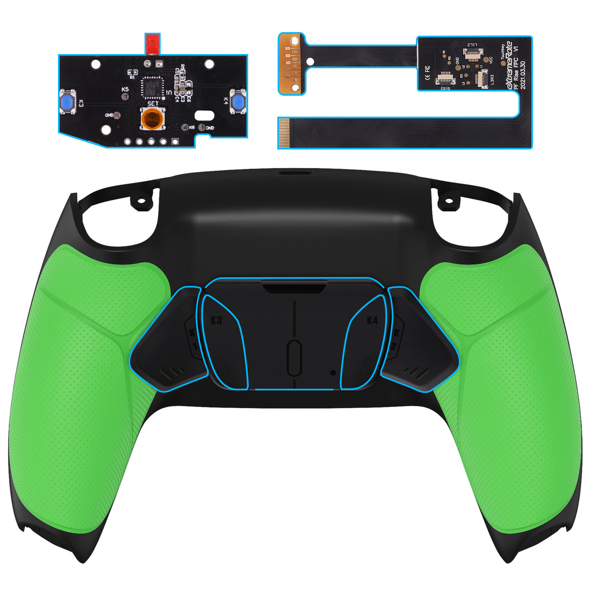 eXtremeRate Retail Green Rubberized Grip Remappable RISE 4.0 Remap Kit for PS5 Controller BDM 010 & BDM 020, Upgrade Board & Redesigned Back Shell & 4 Back Buttons for PS5 Controller - Controller NOT Included - YPFU6004